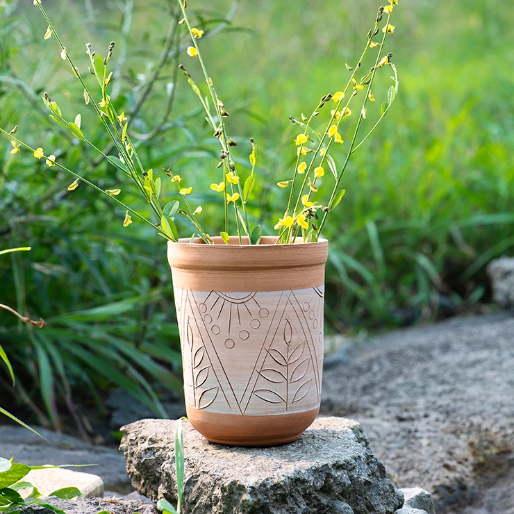 Tapered Carved Clay Flower Pot